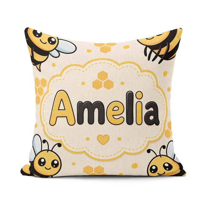 Custom Name Kawaii Bees Honeycomb Sweet Nature Seamless Pattern Square Filled Cushion Throw Pillow Sofa Bed Home Decor Zip Washable UK Made