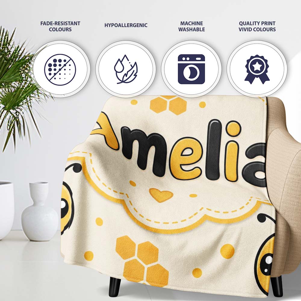 Cute Kawaii Bees Honeycomb Sweet Nature Seamless Pattern Lovely  Personalised Custom Name Super Soft Fleece Blanket Bed Sofa Throw