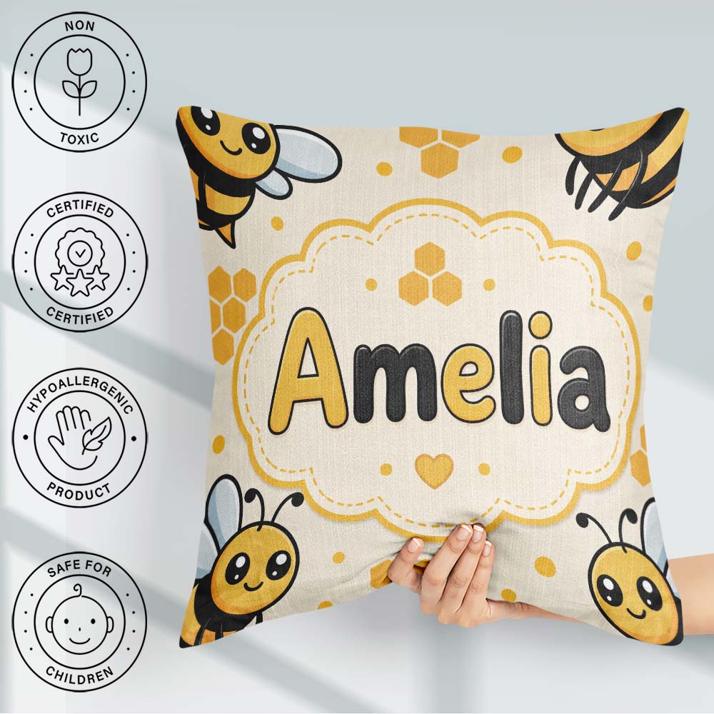 Custom Name Kawaii Bees Honeycomb Sweet Nature Seamless Pattern Square Filled Cushion Throw Pillow Sofa Bed Home Decor Zip Washable UK Made