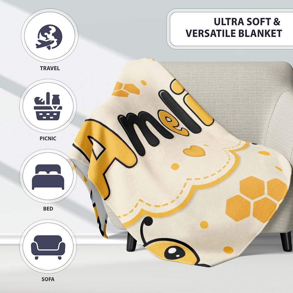 Cute Kawaii Bees Honeycomb Sweet Nature Seamless Pattern Lovely  Personalised Custom Name Super Soft Fleece Blanket Bed Sofa Throw