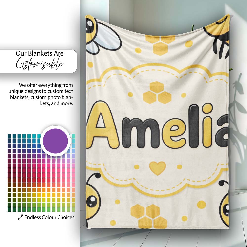 Cute Kawaii Bees Honeycomb Sweet Nature Seamless Pattern Lovely  Personalised Custom Name Super Soft Fleece Blanket Bed Sofa Throw