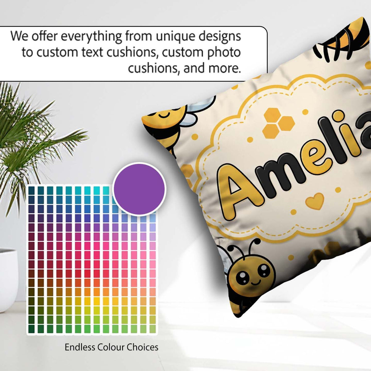 Custom Name Kawaii Bees Honeycomb Sweet Nature Seamless Pattern Square Filled Cushion Throw Pillow Sofa Bed Home Decor Zip Washable UK Made