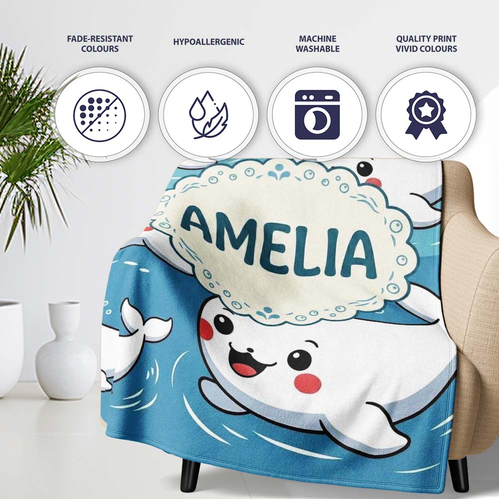 Cute Baby Whales Ocean Waves Bubbles Marine Seamless Pattern Lovely  Personalised Custom Name Super Soft Fleece Blanket Bed Sofa Throw