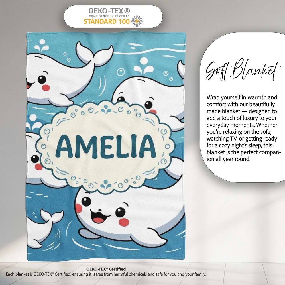 Cute Baby Whales Ocean Waves Bubbles Marine Seamless Pattern Lovely  Personalised Custom Name Super Soft Fleece Blanket Bed Sofa Throw