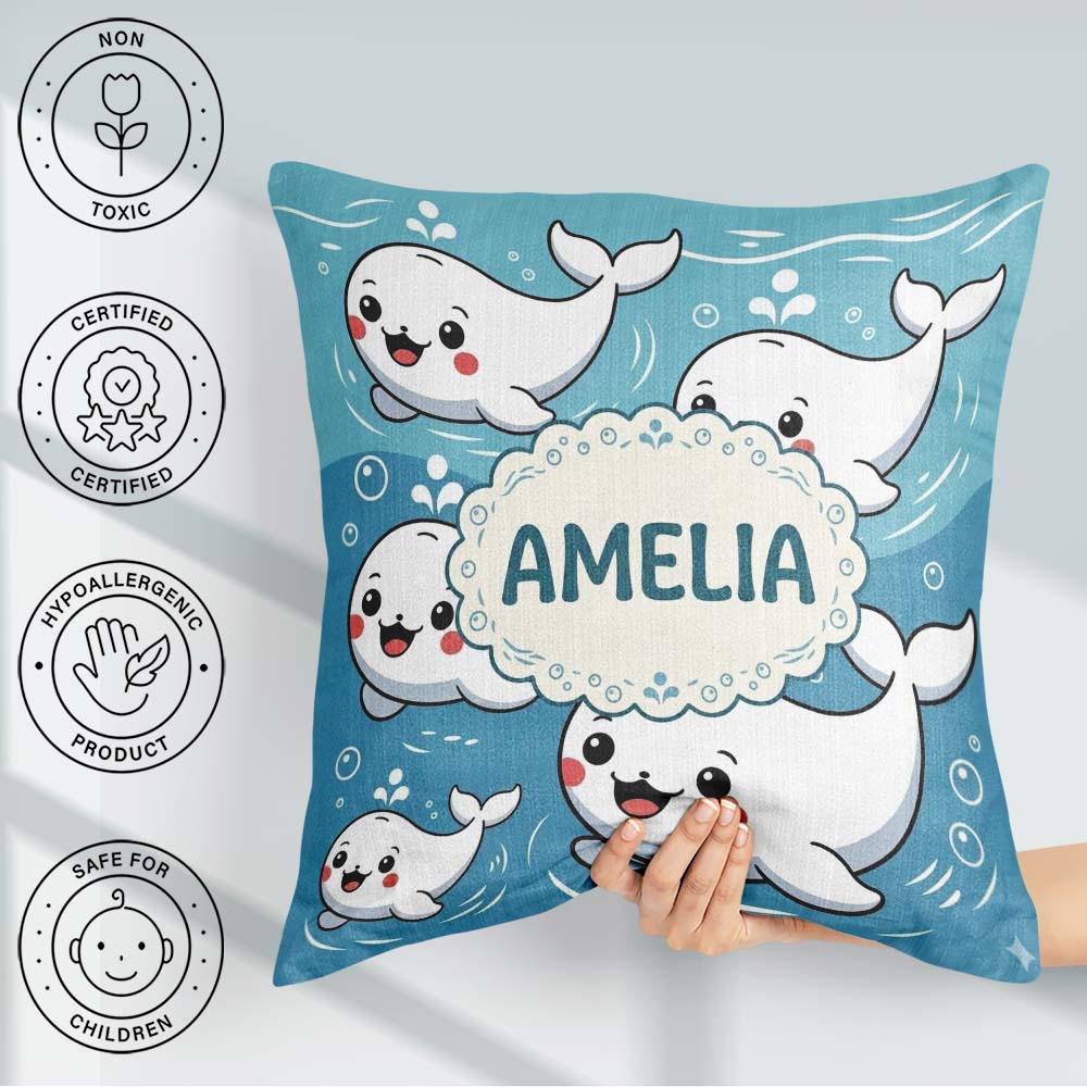 Custom Name Cute Baby Whales Ocean Waves Bubbles Marine Seamless Square Filled Cushion Throw Pillow Sofa Bed Home Decor Zip Washable UK Made