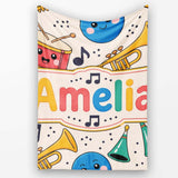 Cute Musical Instruments Notes Cartoon Fun Seamless Pattern  Personalised Custom Name Super Soft Fleece Blanket Bed Sofa Throw