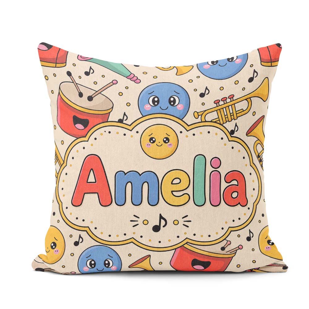 Custom Name Cute Musical Instruments Notes Cartoon Fun Seamless Square Filled Cushion Throw Pillow Sofa Bed Home Decor Zip Washable UK Made