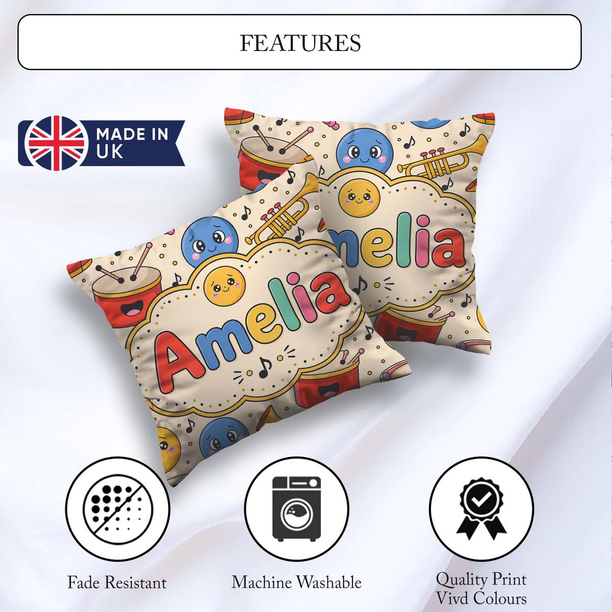 Custom Name Cute Musical Instruments Notes Cartoon Fun Seamless Square Filled Cushion Throw Pillow Sofa Bed Home Decor Zip Washable UK Made