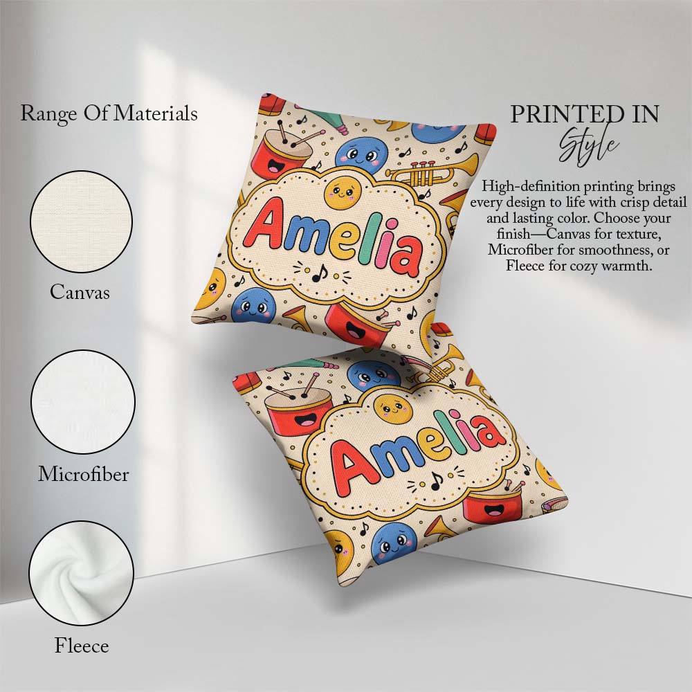 Custom Name Cute Musical Instruments Notes Cartoon Fun Seamless Square Filled Cushion Throw Pillow Sofa Bed Home Decor Zip Washable UK Made