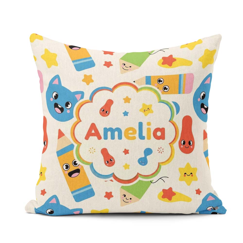 Custom Name Cute School Supplies Pencils Stars Learning Seamless Square Filled Cushion Throw Pillow Sofa Bed Home Decor Zip Washable UK Made