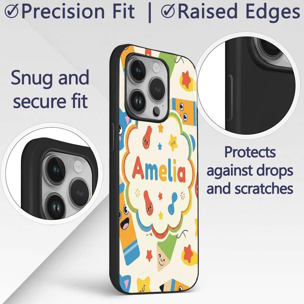 Cute School Supplies Pencils Stars Printed Design Custom Name Protective Phone Case Mobile Cover Durable Everyday Smartphone Shock Resistant