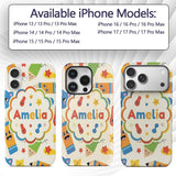 Cute School Supplies Pencils Stars Printed Design Custom Name Protective Phone Case Mobile Cover Durable Everyday Smartphone Shock Resistant