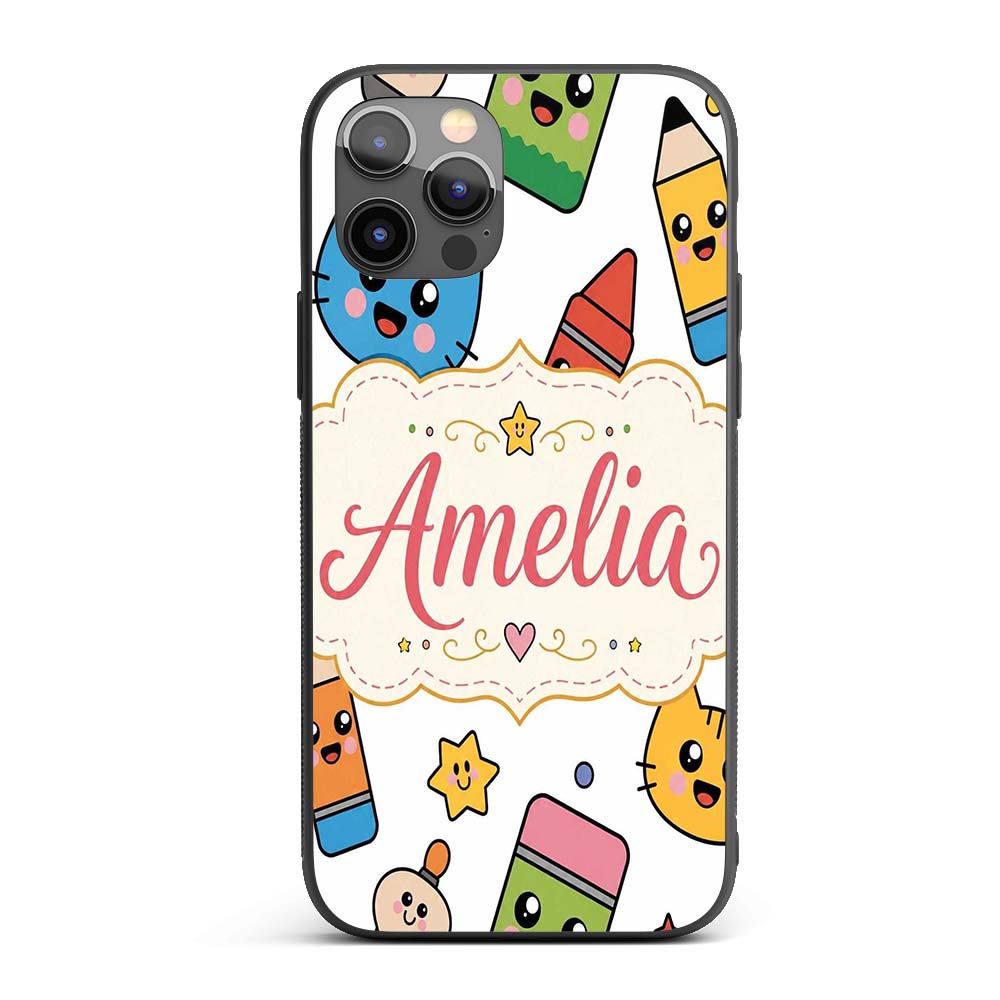 Cute Kawaii Cats Crayons and Pencils Fun School Custom Name Protective Phone Case Mobile Cover Durable Everyday Smartphone Shock Resistant
