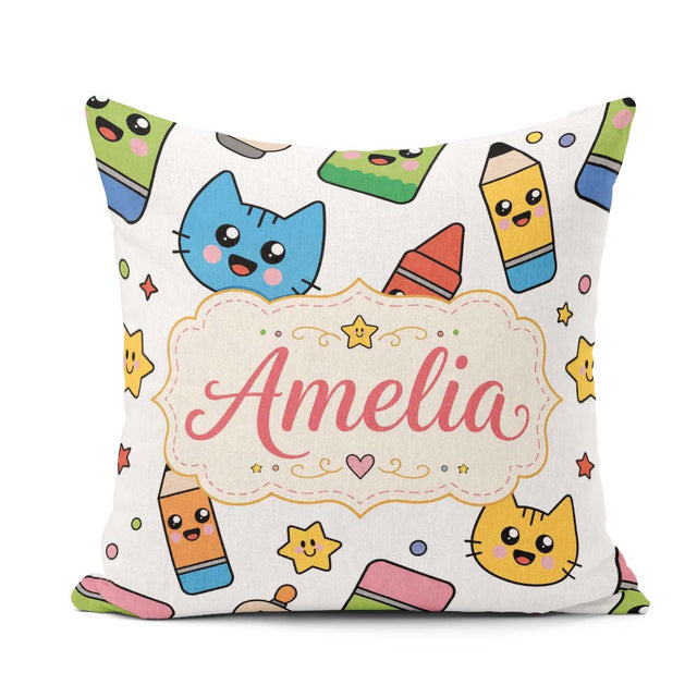 Custom Name Kawaii Cats Crayons and Pencils Fun Seamless Pattern Square Filled Cushion Throw Pillow Sofa Bed Home Decor Zip Washable UK Made
