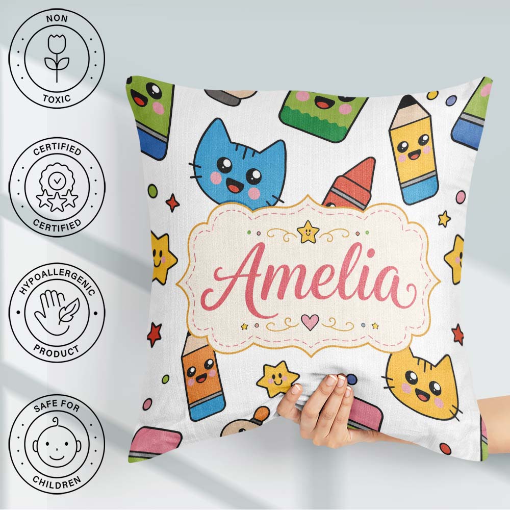 Custom Name Kawaii Cats Crayons and Pencils Fun Seamless Pattern Square Filled Cushion Throw Pillow Sofa Bed Home Decor Zip Washable UK Made
