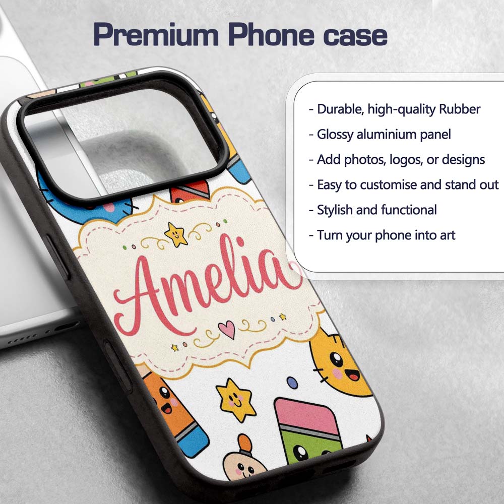 Cute Kawaii Cats Crayons and Pencils Fun School Custom Name Protective Phone Case Mobile Cover Durable Everyday Smartphone Shock Resistant