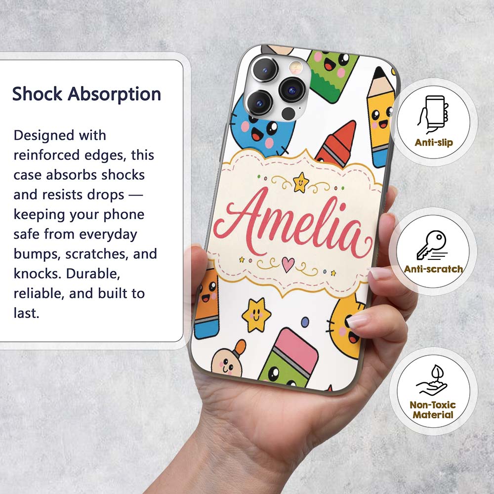 Cute Kawaii Cats Crayons and Pencils Fun School Custom Name Protective Phone Case Mobile Cover Durable Everyday Smartphone Shock Resistant
