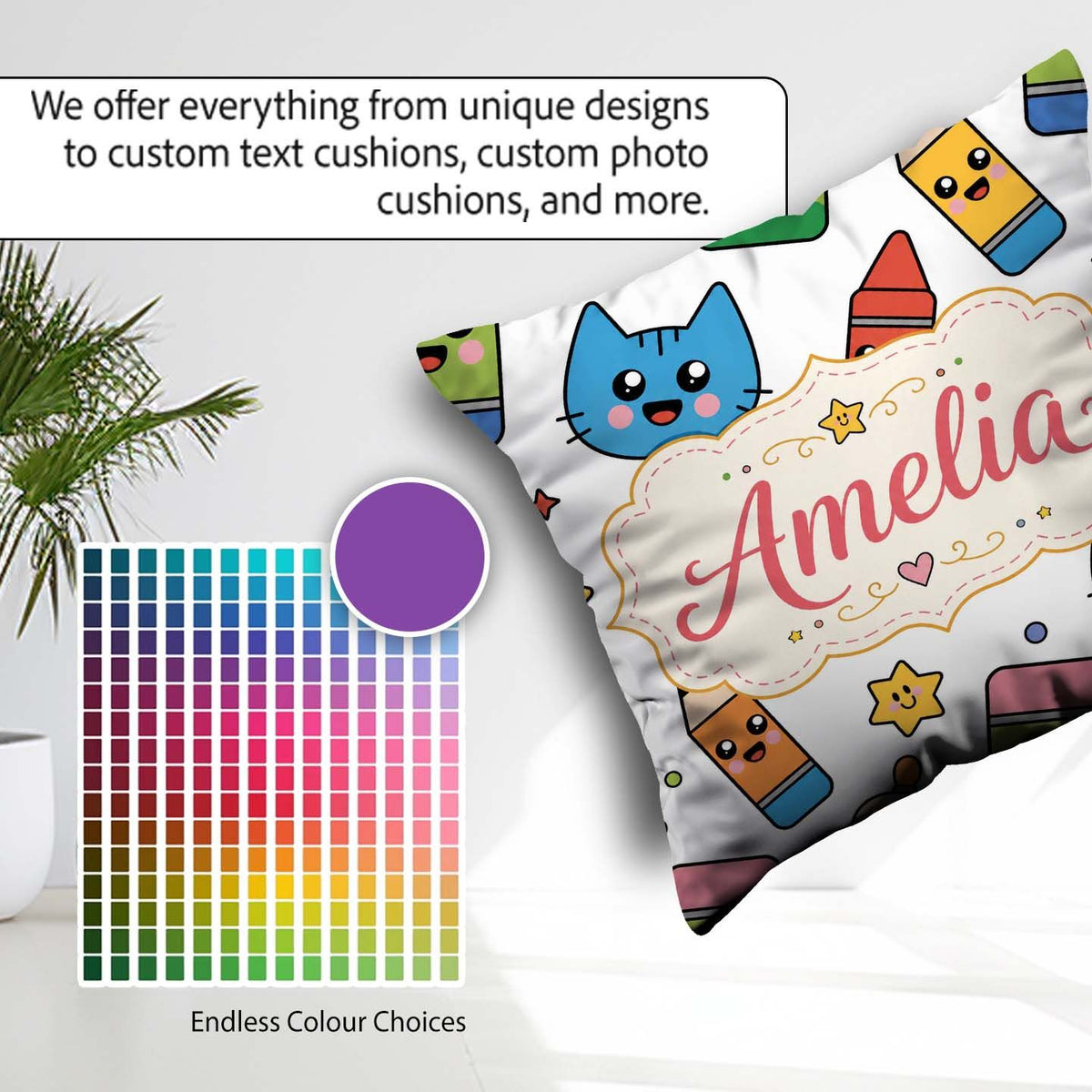 Custom Name Kawaii Cats Crayons and Pencils Fun Seamless Pattern Square Filled Cushion Throw Pillow Sofa Bed Home Decor Zip Washable UK Made