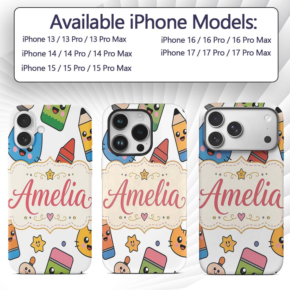 Cute Kawaii Cats Crayons and Pencils Fun School Custom Name Protective Phone Case Mobile Cover Durable Everyday Smartphone Shock Resistant