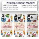 Cute Kawaii Cats Crayons and Pencils Fun School Custom Name Protective Phone Case Mobile Cover Durable Everyday Smartphone Shock Resistant