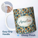 Personalized Custom Name Abstract Diamond Mosaic Seamless Pattern in Teal Orange Blue Lovely 11oz Ceramic Coffee Tea Mug White Large Handle