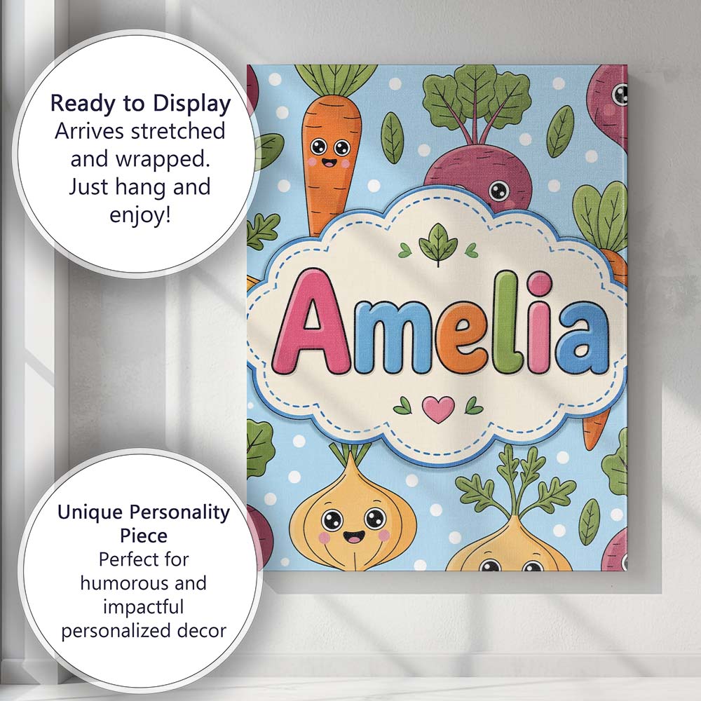 Personalised Name Cute Happy Vegetables Custom  Modern Room Accent Elegant Feature Canvas Wall Art Print Decor Picture Ready to Hang