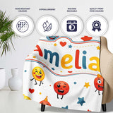 Cute Smiling Emoji Faces Party Hats Stars Seamless Pattern Lovely  Personalised Custom Name Super Soft Fleece Blanket Bed Sofa Throw