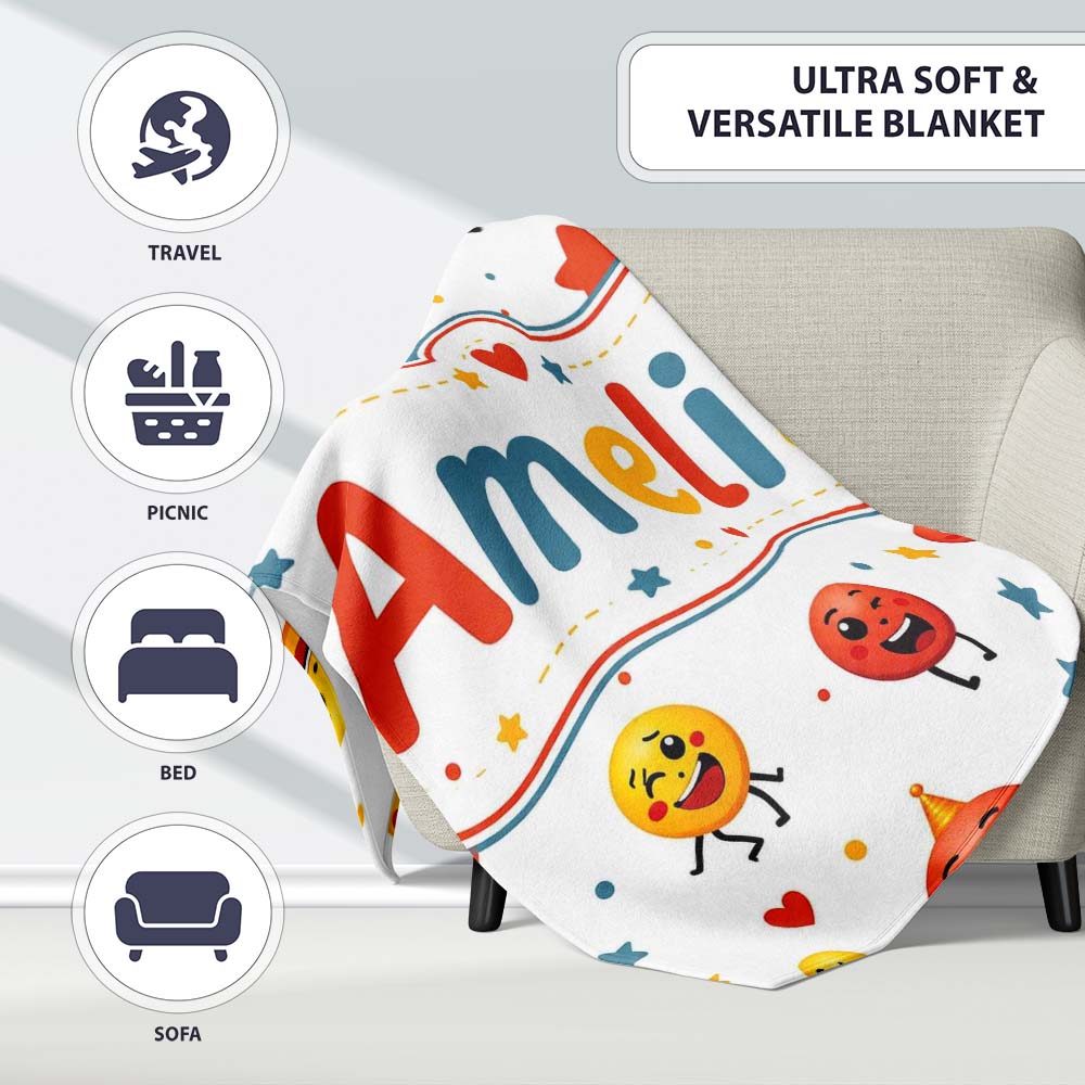 Cute Smiling Emoji Faces Party Hats Stars Seamless Pattern Lovely  Personalised Custom Name Super Soft Fleece Blanket Bed Sofa Throw
