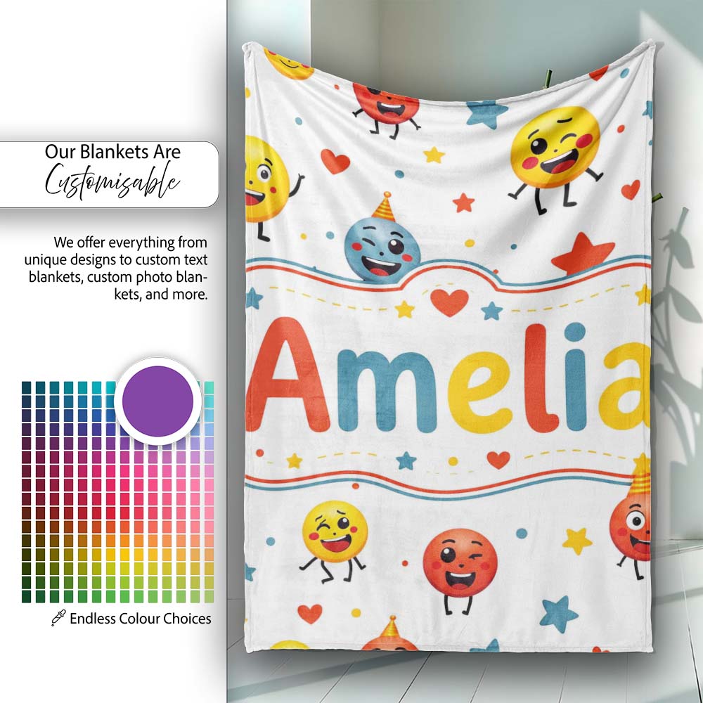 Cute Smiling Emoji Faces Party Hats Stars Seamless Pattern Lovely  Personalised Custom Name Super Soft Fleece Blanket Bed Sofa Throw