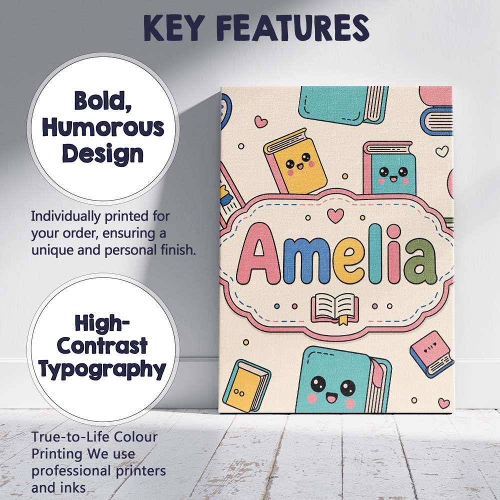 Personalised Name Cute Kawaii Books and Custom  Modern Room Accent Elegant Feature Canvas Wall Art Print Decor Picture Ready to Hang