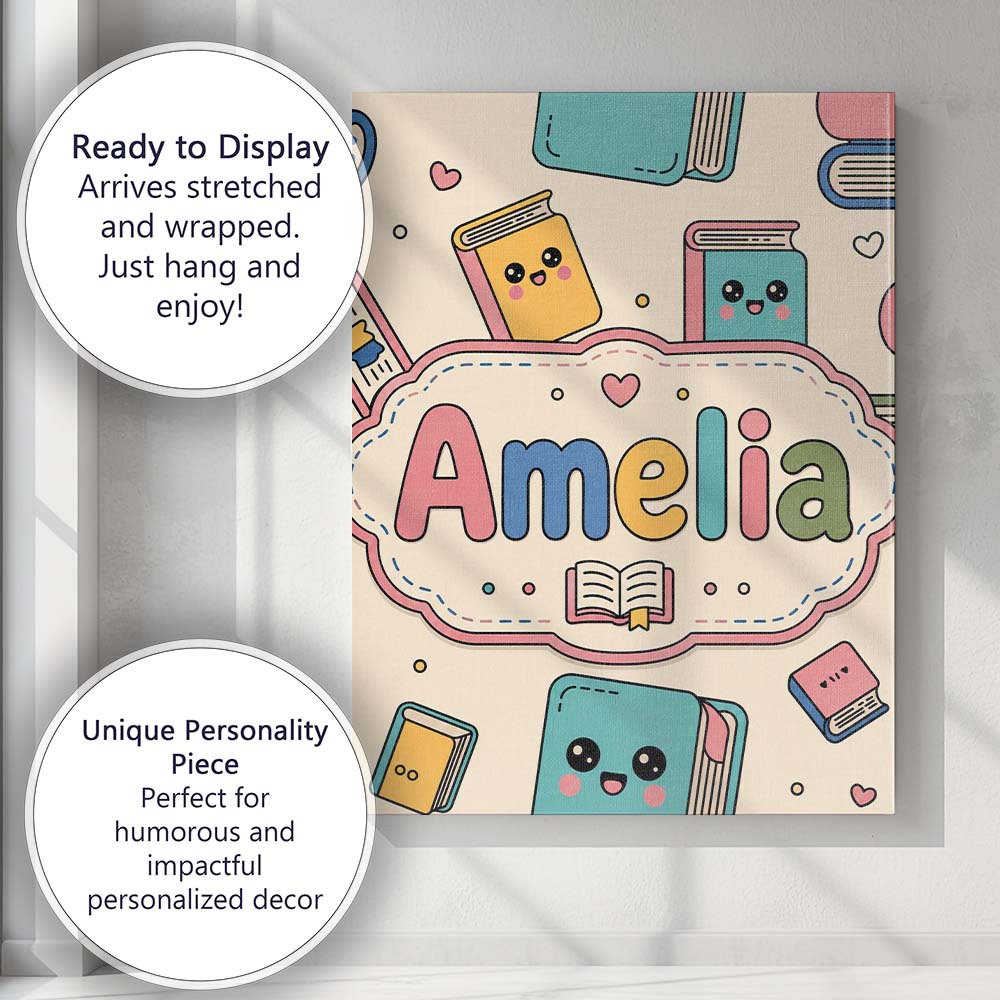 Personalised Name Cute Kawaii Books and Custom  Modern Room Accent Elegant Feature Canvas Wall Art Print Decor Picture Ready to Hang