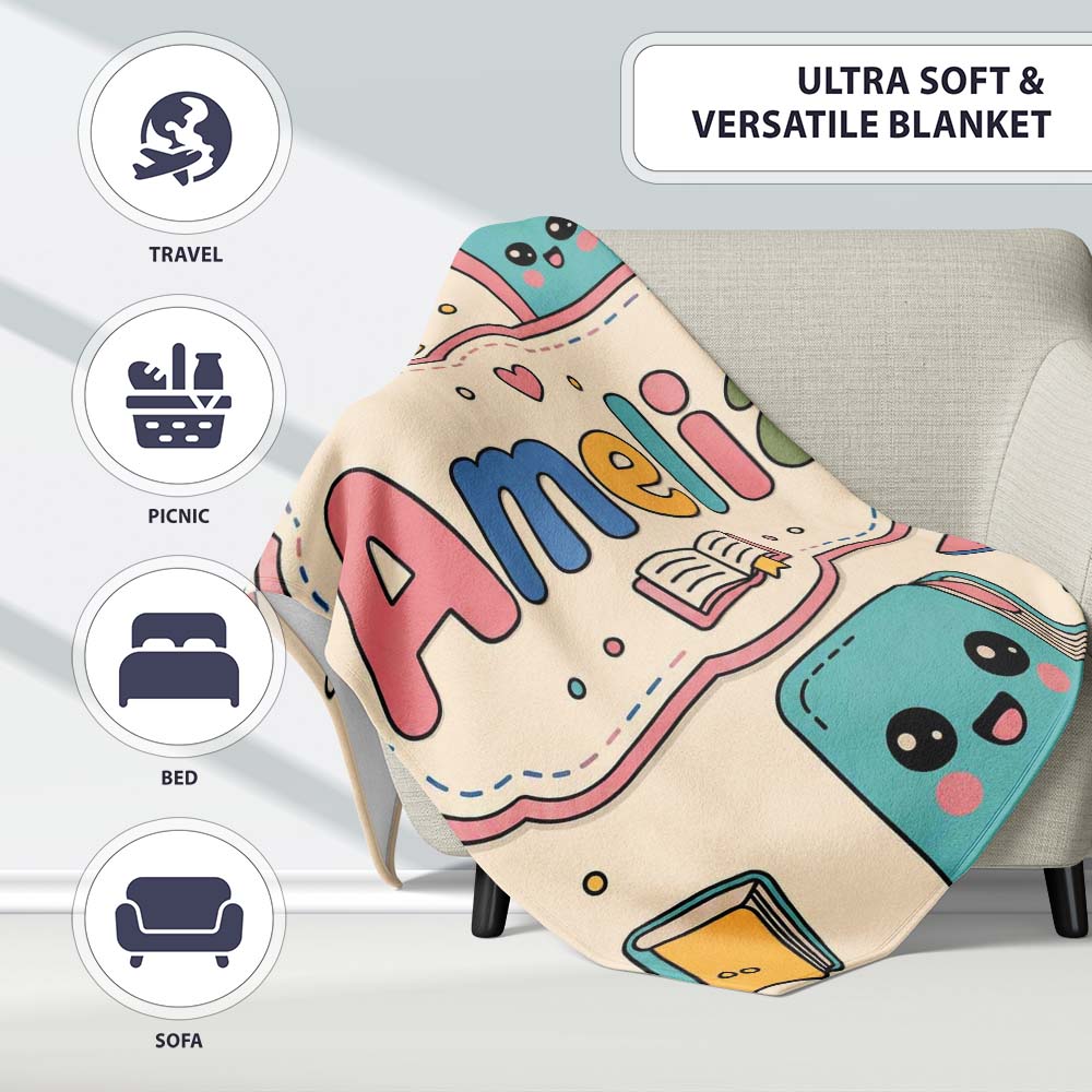 Cute Kawaii Books and Study Elements Learning Seamless Pattern  Personalised Custom Name Super Soft Fleece Blanket Bed Sofa Throw