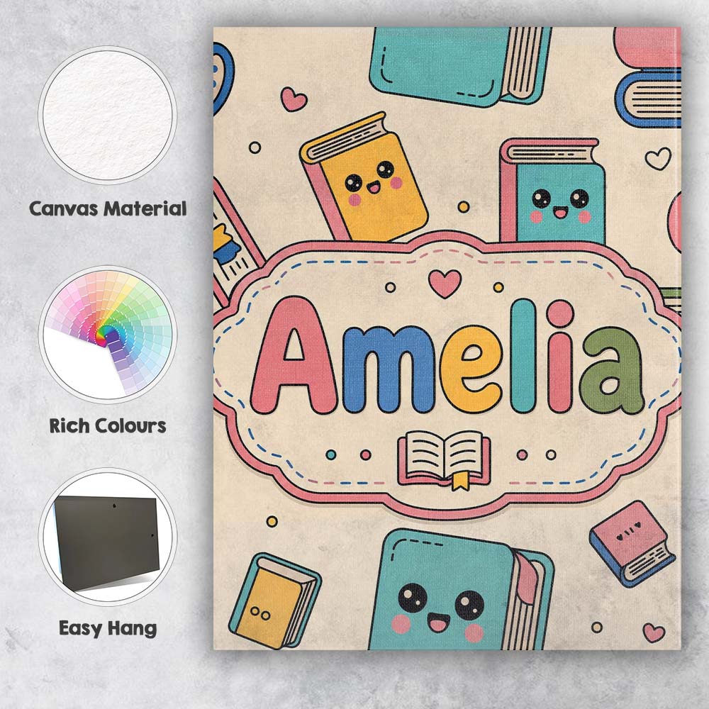 Personalised Name Cute Kawaii Books and Custom  Modern Room Accent Elegant Feature Canvas Wall Art Print Decor Picture Ready to Hang