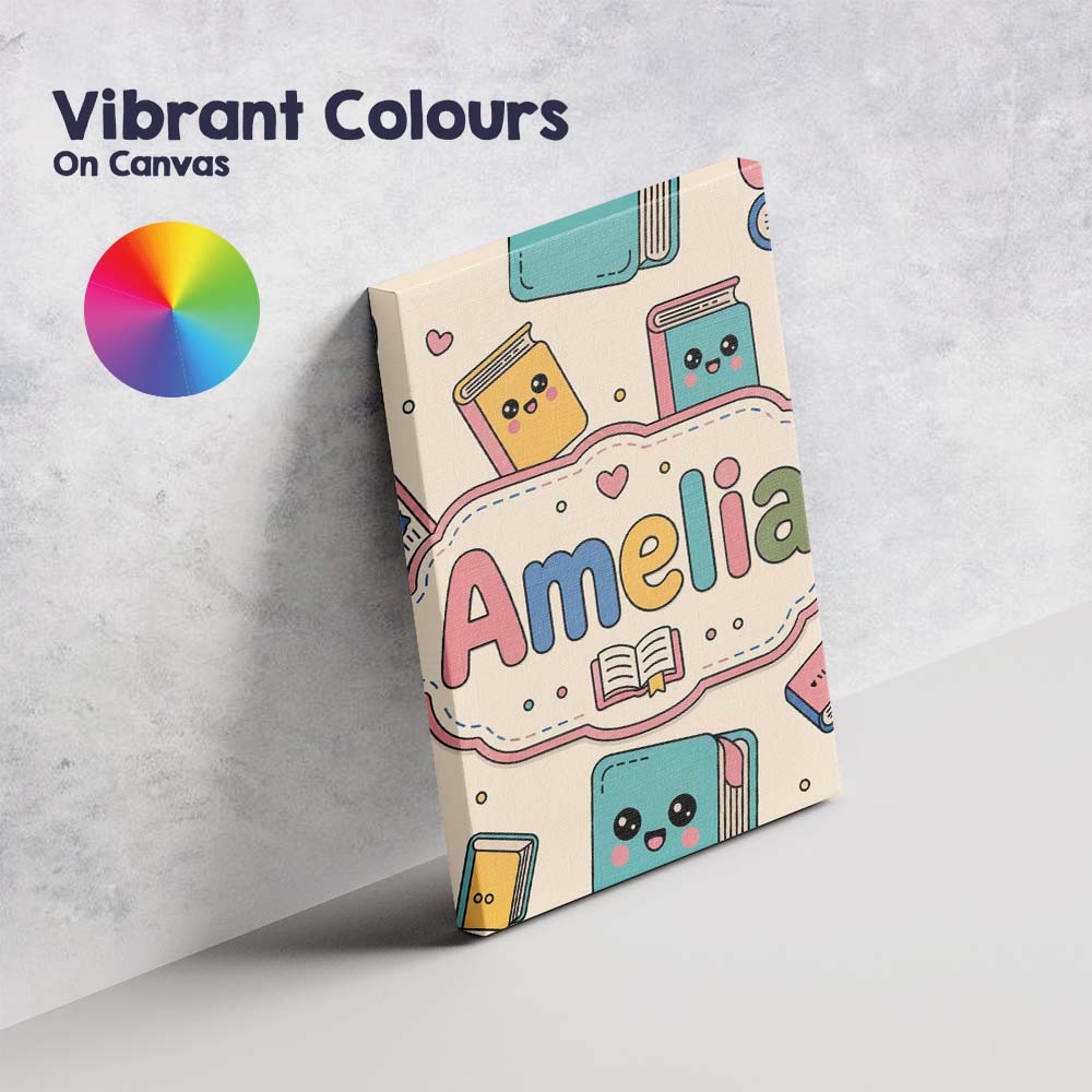 Personalised Name Cute Kawaii Books and Custom  Modern Room Accent Elegant Feature Canvas Wall Art Print Decor Picture Ready to Hang