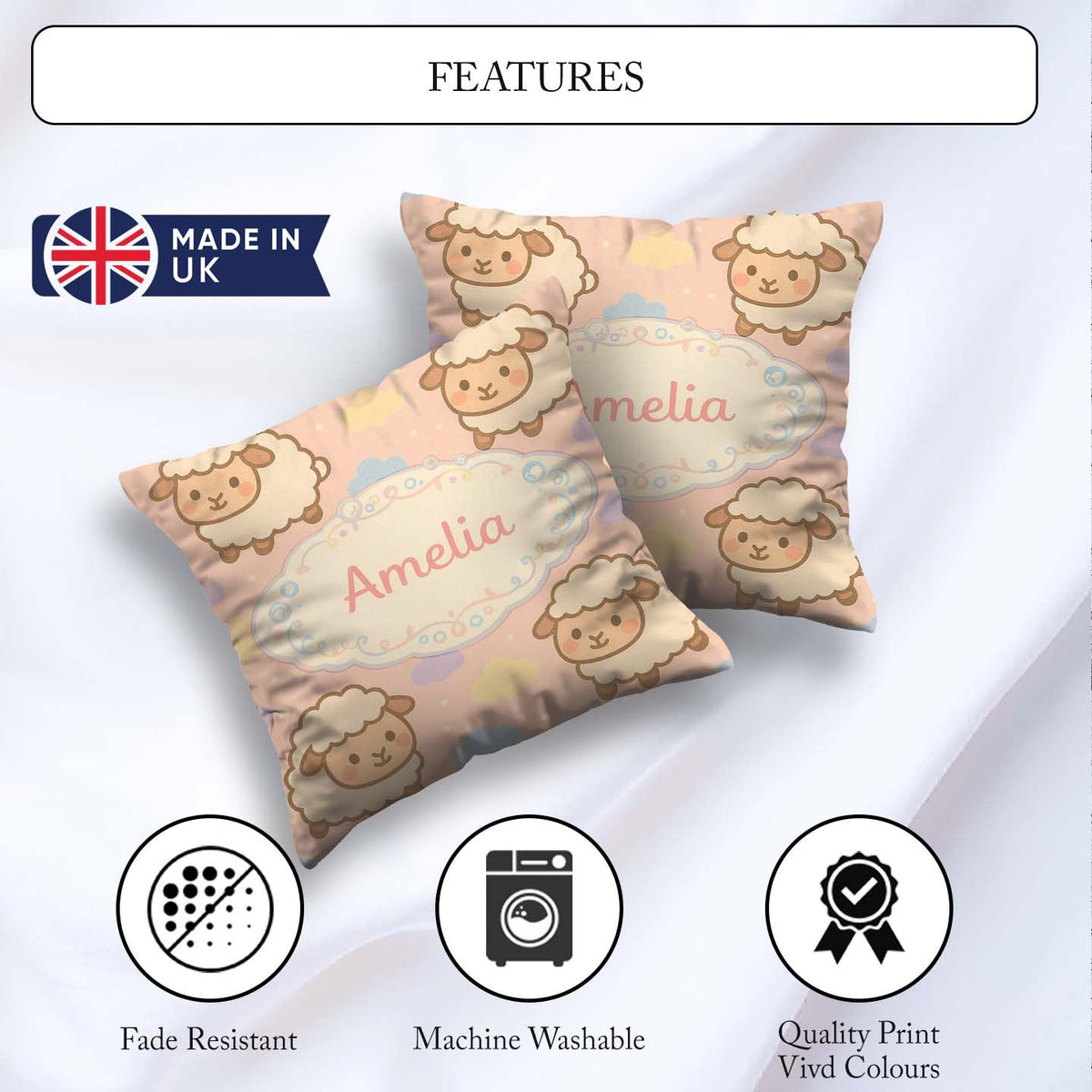 Custom Name Cute Sheep Cloud Cartoon Farm Animal Pattern Cute Square Filled Cushion Throw Pillow Sofa Bed Home Decor Zip Washable UK Made