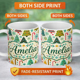 Personalized Custom Name Festive Christmas Trees Candy Canes Snowflakes Stars Baubles Holiday 11oz Ceramic Coffee Tea Mug White Large Handle