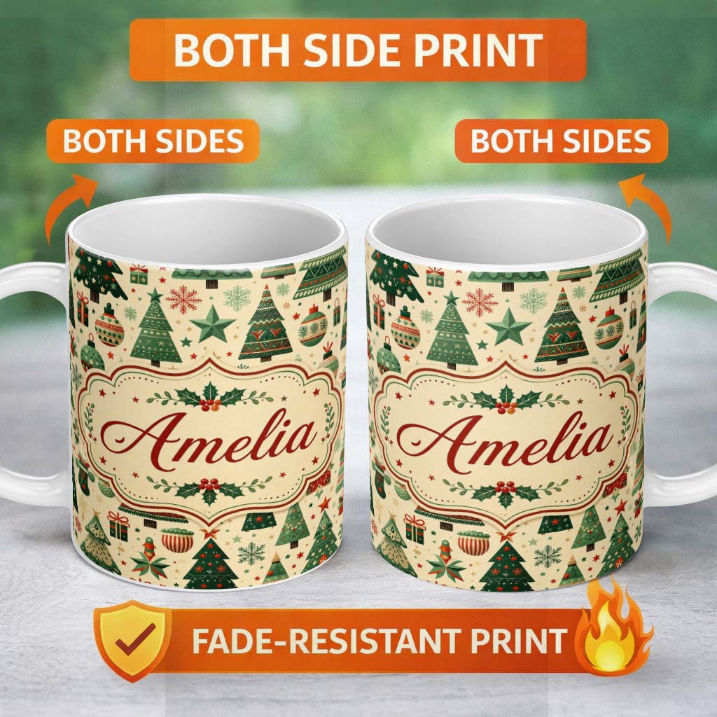 Personalized Custom Name Scandinavian Christmas Trees Ornaments Nordic Style Seamless Pattern 11oz Ceramic Coffee Tea Mug White Large Handle
