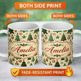 Personalized Custom Name Scandinavian Christmas Trees Ornaments Nordic Style Seamless Pattern 11oz Ceramic Coffee Tea Mug White Large Handle