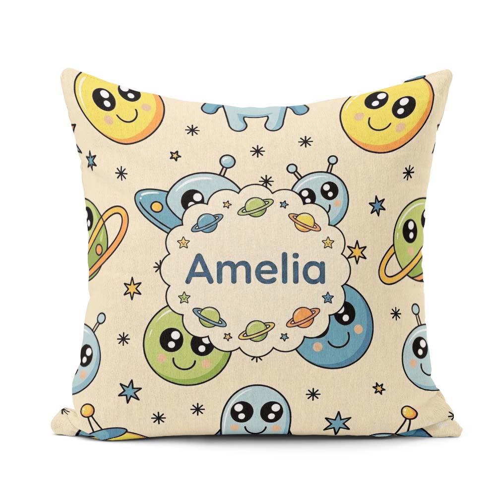 Custom Name Cute Space Aliens Planets Stars Fun Seamless Pattern Square Filled Cushion Throw Pillow Sofa Bed Home Decor Zip Washable UK Made