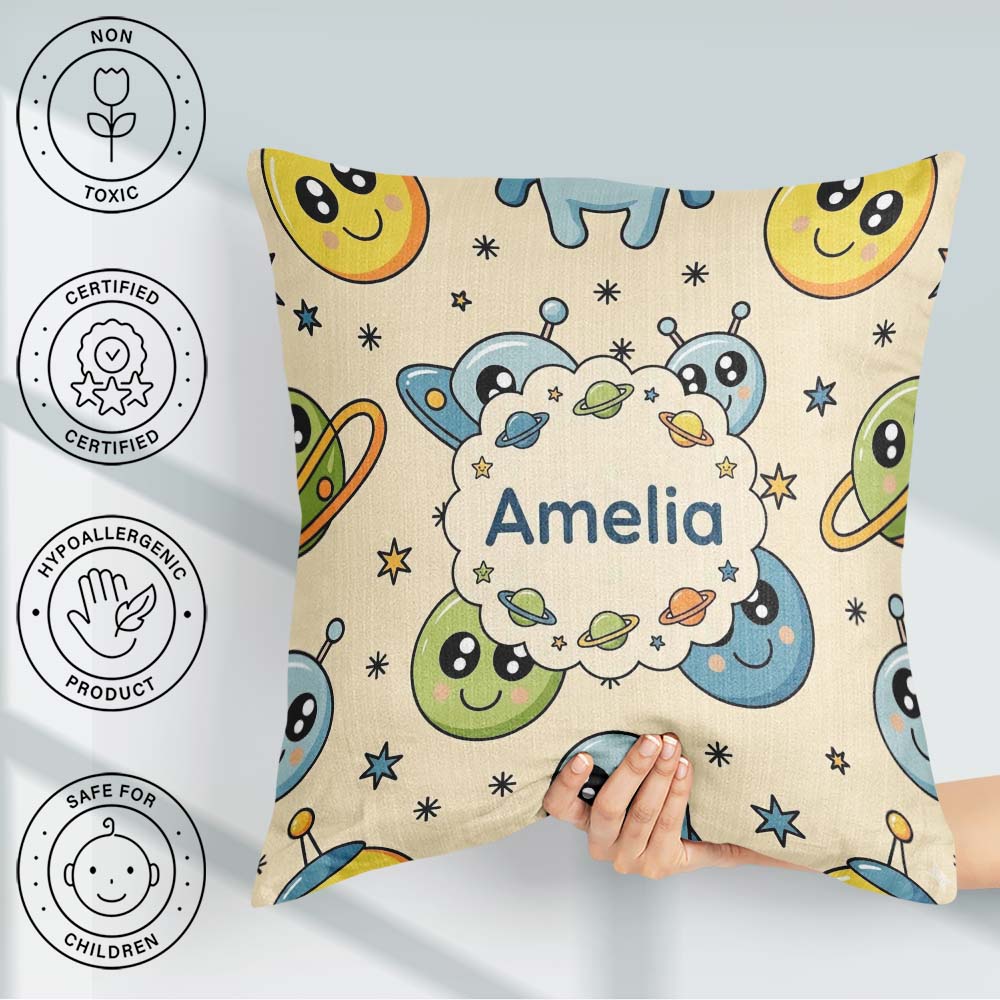 Custom Name Cute Space Aliens Planets Stars Fun Seamless Pattern Square Filled Cushion Throw Pillow Sofa Bed Home Decor Zip Washable UK Made