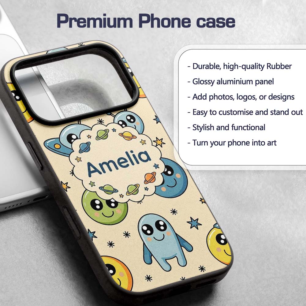 Cute Space Aliens Planets Stars Printed Design Custom Name Protective Phone Case Mobile Cover Durable Everyday Smartphone Shock Resistant
