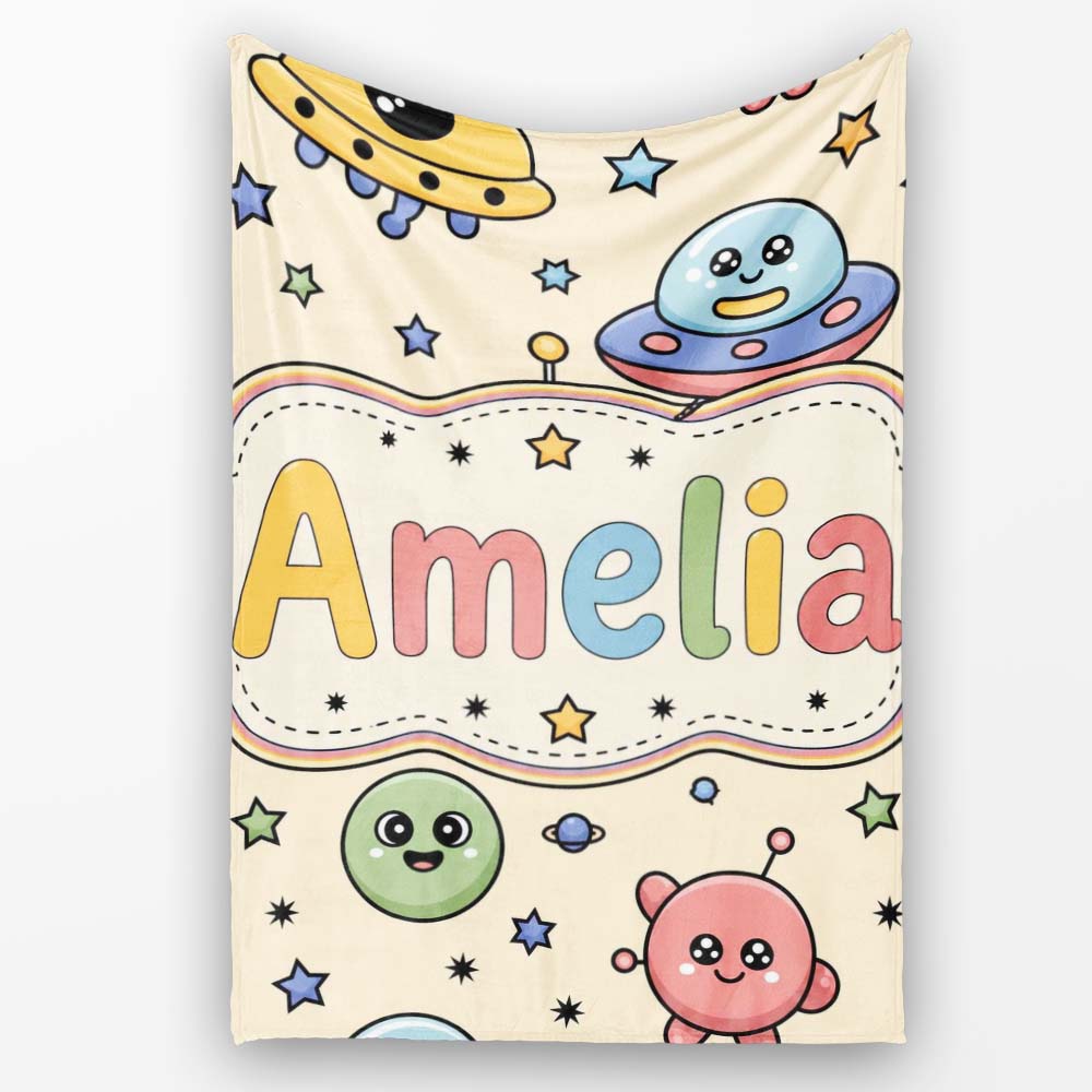 Cute Cartoon UFO Aliens Galaxy Stars Space Seamless Pattern Lovely  Personalised Custom Name Super Soft Fleece Blanket Bed Sofa Throw