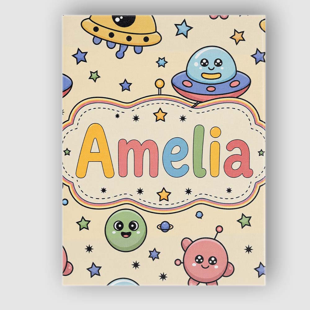 Personalised Name Cute Cartoon UFO Aliens Custom  Unique Gift Idea Elegant Feature Canvas Wall Art Print Decor Picture Ready to Hang