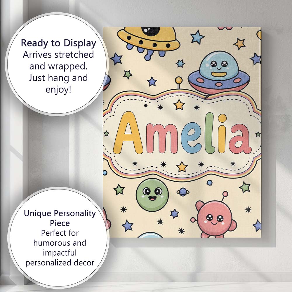 Personalised Name Cute Cartoon UFO Aliens Custom  Unique Gift Idea Elegant Feature Canvas Wall Art Print Decor Picture Ready to Hang