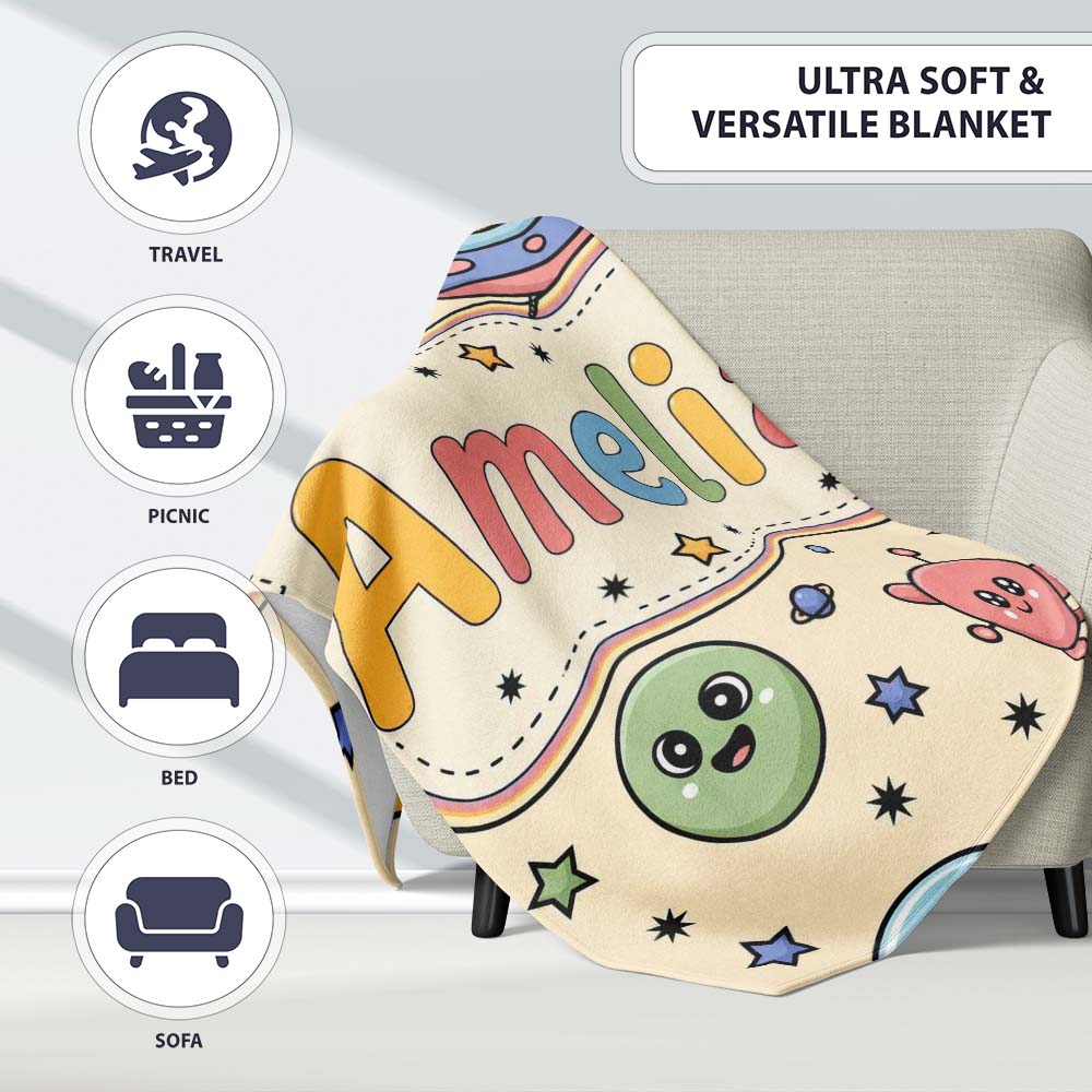 Cute Cartoon UFO Aliens Galaxy Stars Space Seamless Pattern Lovely  Personalised Custom Name Super Soft Fleece Blanket Bed Sofa Throw