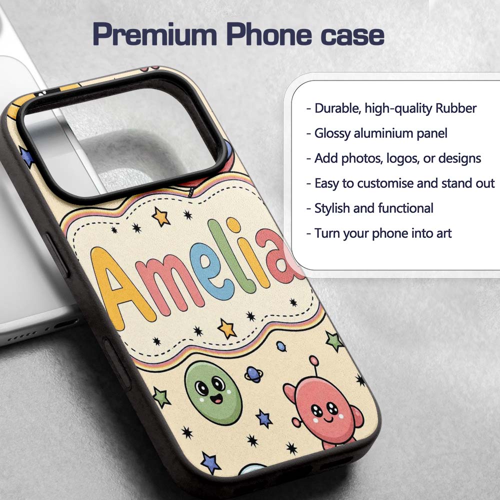Cute Cartoon UFO Aliens Galaxy Printed Design Custom Name Protective Phone Case Mobile Cover Durable Everyday Smartphone Shock Resistant