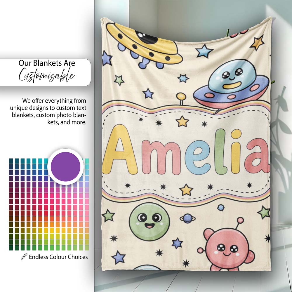 Cute Cartoon UFO Aliens Galaxy Stars Space Seamless Pattern Lovely  Personalised Custom Name Super Soft Fleece Blanket Bed Sofa Throw