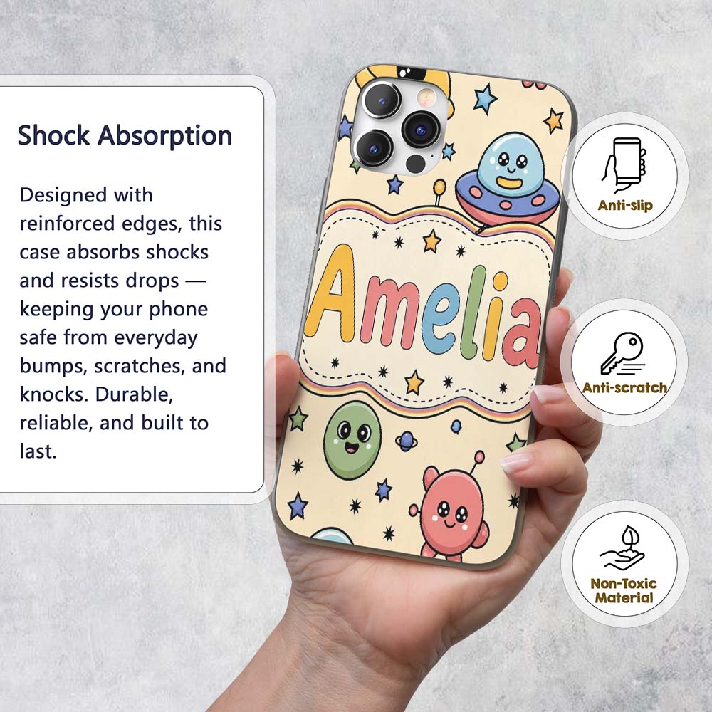 Cute Cartoon UFO Aliens Galaxy Printed Design Custom Name Protective Phone Case Mobile Cover Durable Everyday Smartphone Shock Resistant