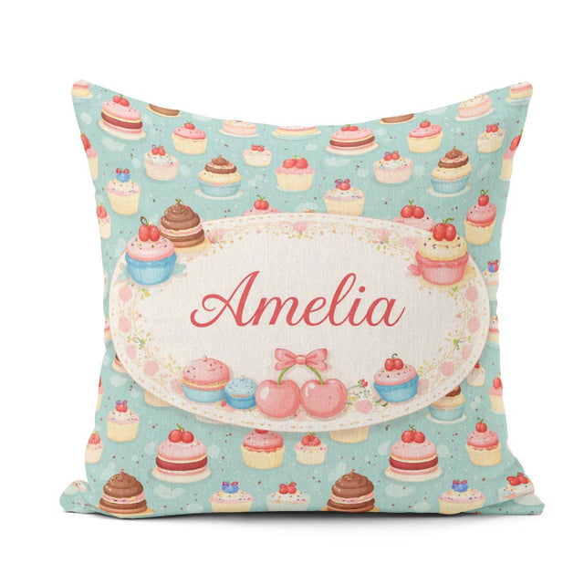 Custom Name Cake Tile Seamless Pattern Pastel Dessert Sweet Food Square Filled Cushion Throw Pillow Sofa Bed Home Decor Zip Washable UK Made
