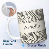 Personalized Custom Name Flowing Wavy Lines Black Cream Organic Stripe Pattern Lovely 11oz Ceramic Coffee Tea Mug White Large Handle